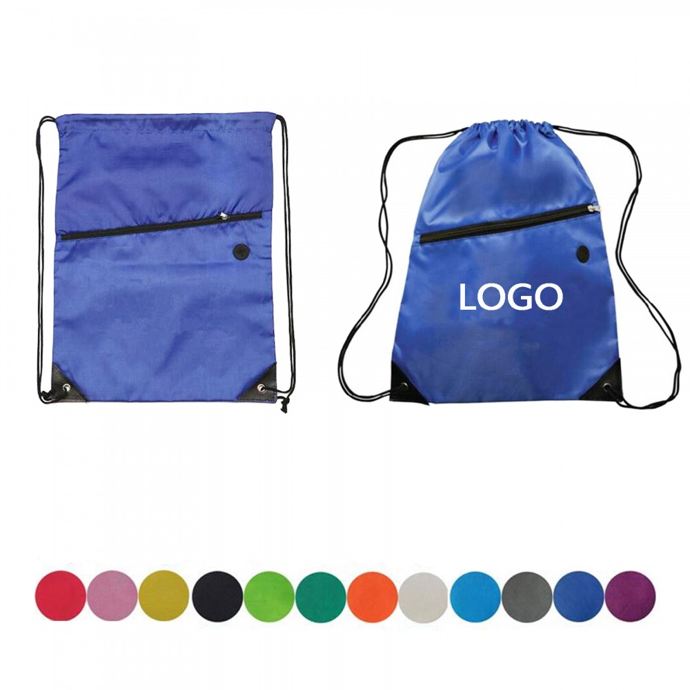210D Polyester Drawstring BackPack With Front Zipper with Logo