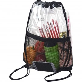 Logo Branded Cinch Sacks Backpack Clear PVC Drawstring Bag With Front Zipper Mesh Pocket