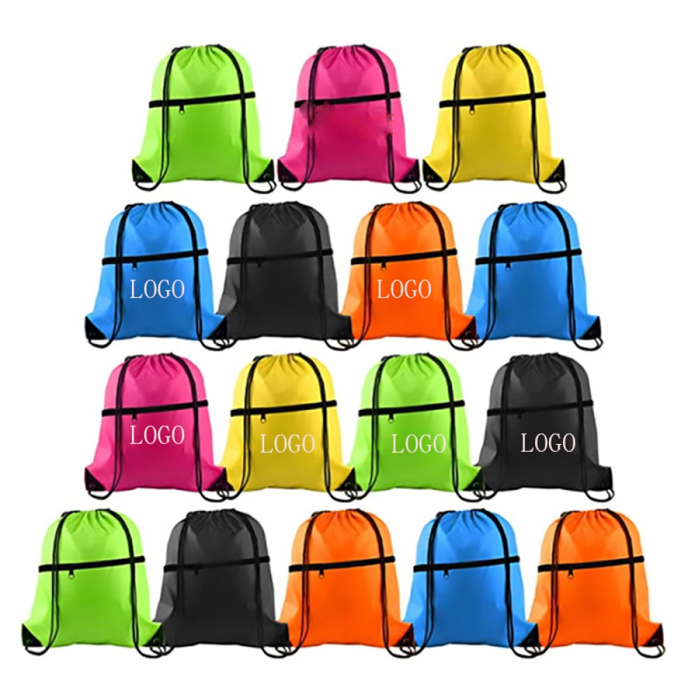 Drawstring Backpack With Front Zipper Pocket with Logo