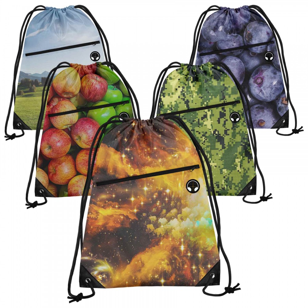 Logo Branded Dye-Sublimated Drawstring Backpack With Zipper Pocket