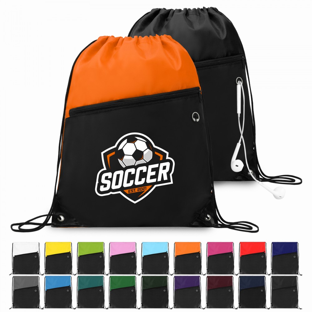 Two-tone Drawstring Backpack with Zipper Pocket with Logo