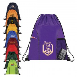 Logo Branded Poly Dual Front Pocket Drawstring Backpack