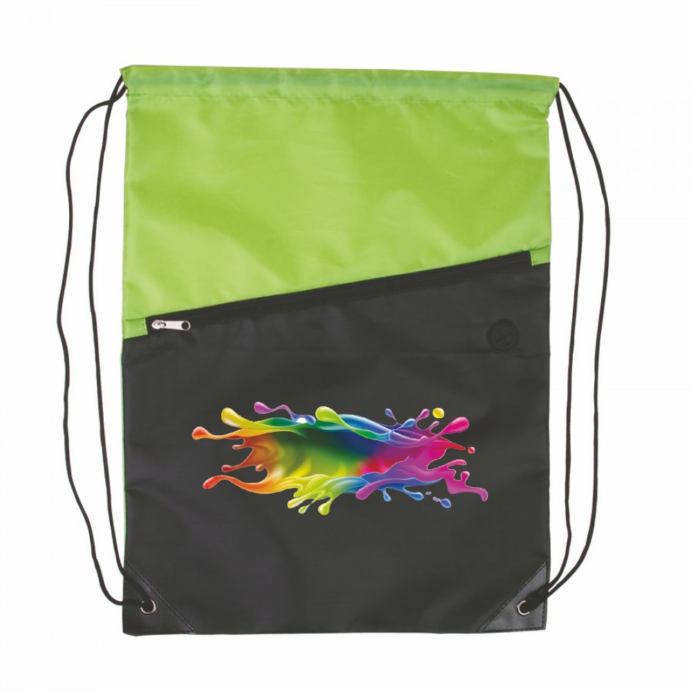 Two-Tone Poly Drawstring Backpack with Zipper - Full Color Transfer (13" x 16.75") with Logo