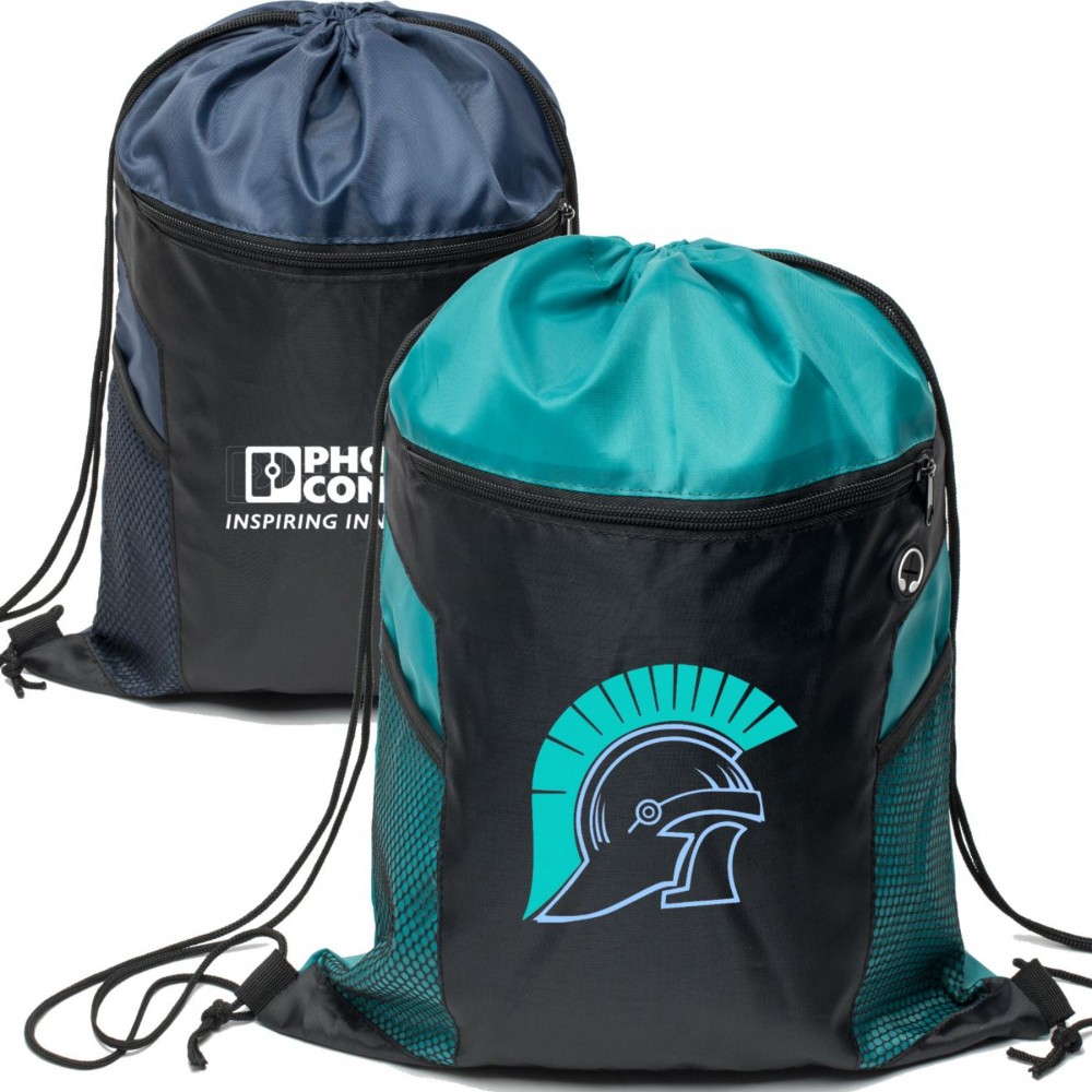 Logo Branded Two-Tone Front Zipper Drawstring Bag with Side Mesh Pocket and Earphone Slot (14" x 18")