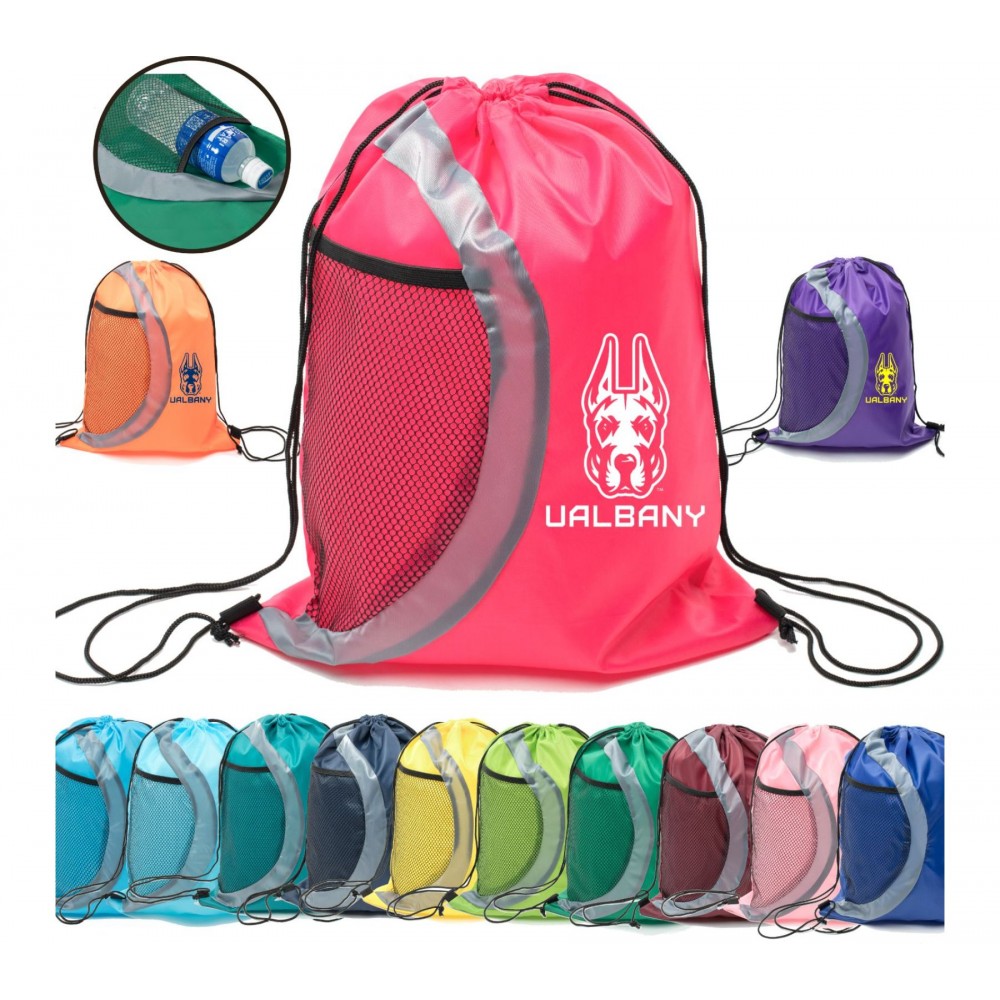 Heavy Duty Drawstring Cinch Up Side Mesh Pocket Backpack (15" x 18") with Logo Heavy Duty Drawstring Cinch Up Side Mesh Pocket Backpack (15" x 18") with Logo