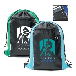 Promotional Tri-Color Drawstring Backpack with Earphone Slot & Front Zipper (14" x 18")