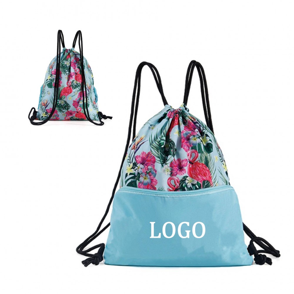 Promotional Flamingo Pattern Polyester Drawstring Backpack