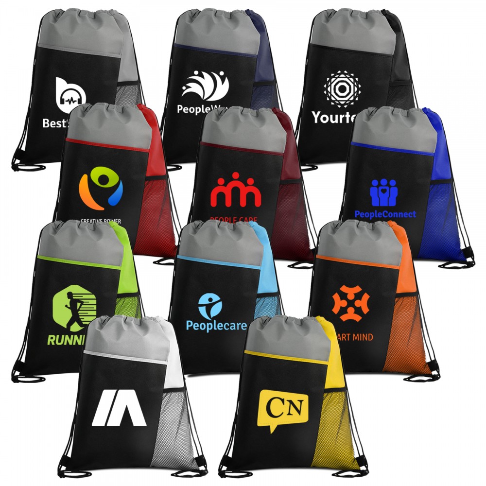 Tri-Colored Mesh Pocket Drawstring Backpack with Logo