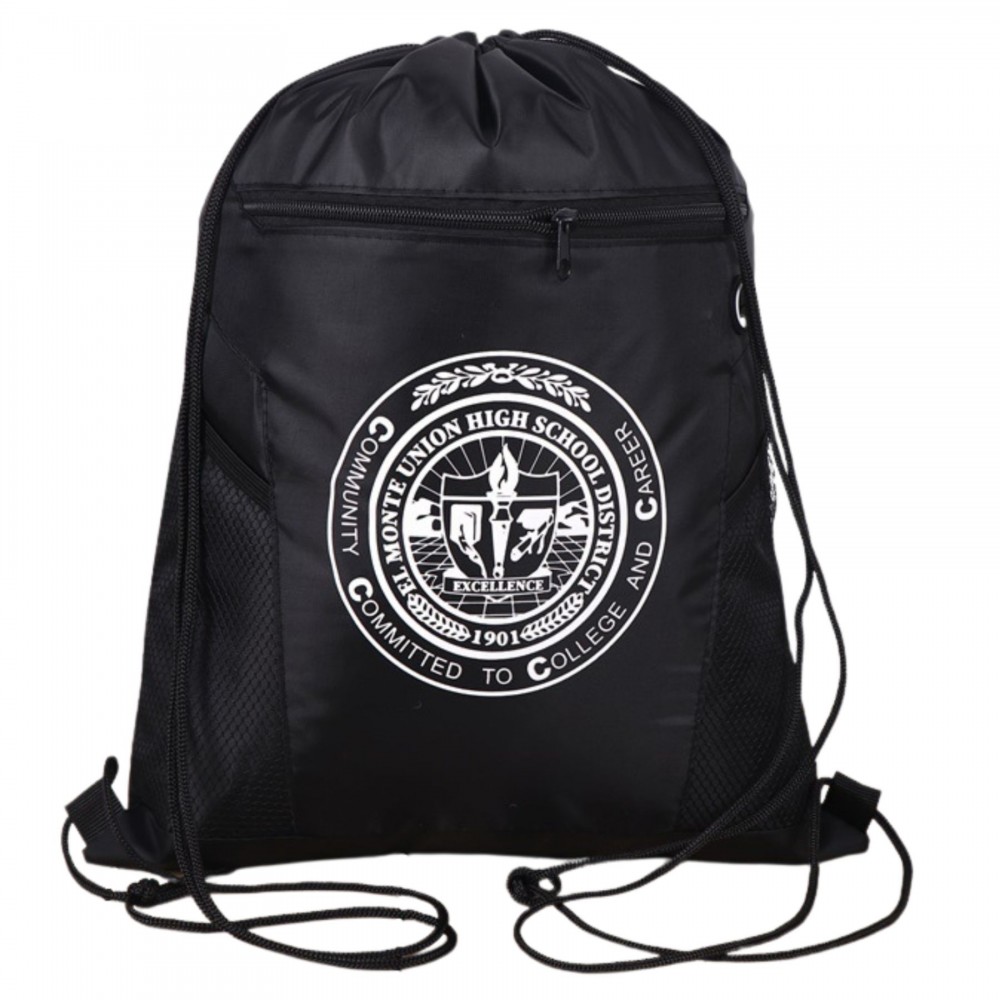 Customized Premium Drawstring Side Mesh Backpack w/ Earphone Outlet & Front Zipper Pocket (14" x 18")
