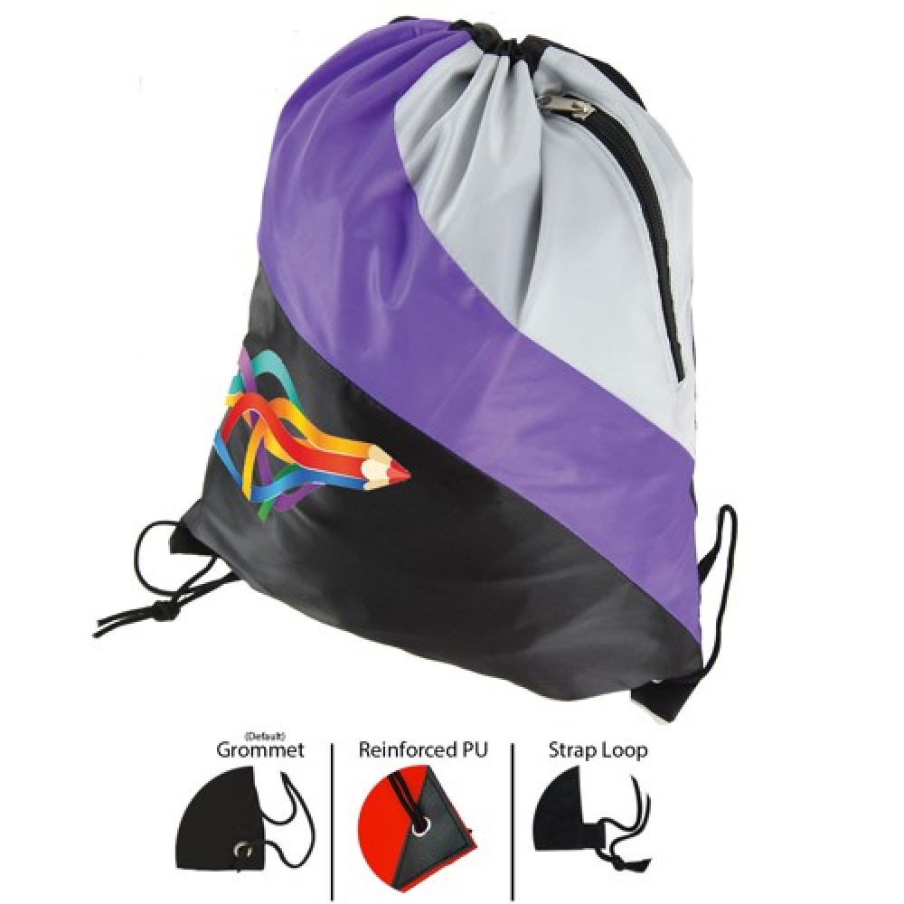 Personalized Tri Color Premium Drawstring Bag with Zipper Pocket