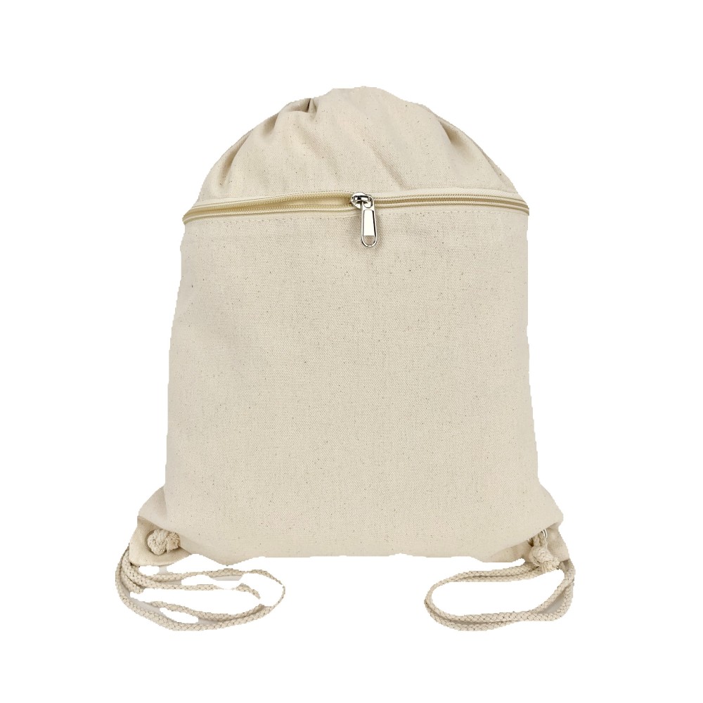 Drawstring Backpack w/ Pocket - Natural with Logo
