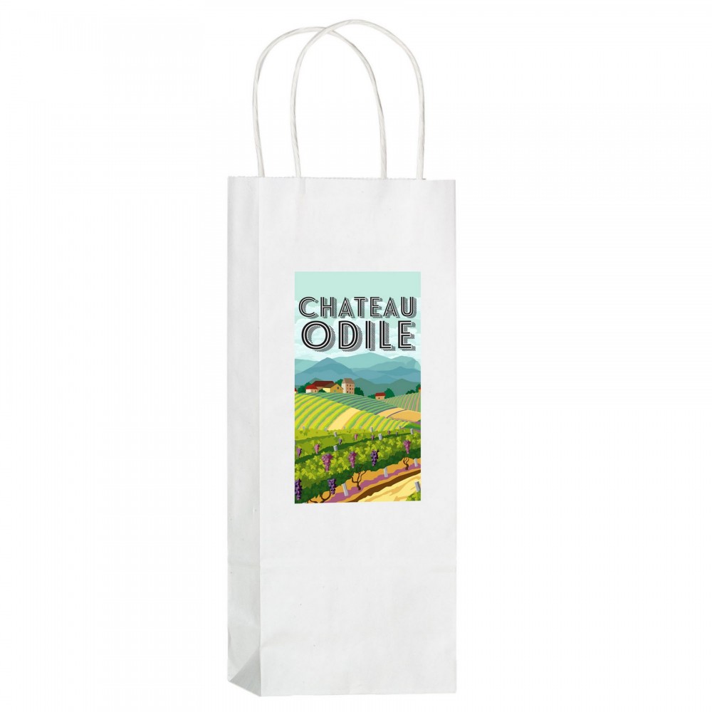 White Kraft Paper 1-Bottle Wine Tote Bag w/ Full Color (5.75"x3.5"x12.5") - Color Evolution Custom Imprinted