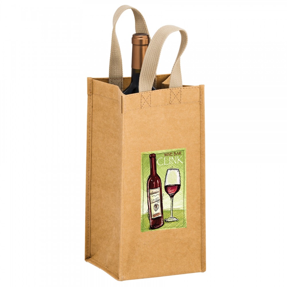 TORNADO - Washable Kraft Paper 1 Bottle Wine Tote Bag w/ Web Handle (6"x6"x12.5") - EV Custom Printed TORNADO - Washable Kraft Paper 1 Bottle Wine Tote Bag w/ Web Handle (6"x6"x12.5") - EV Custom Printed