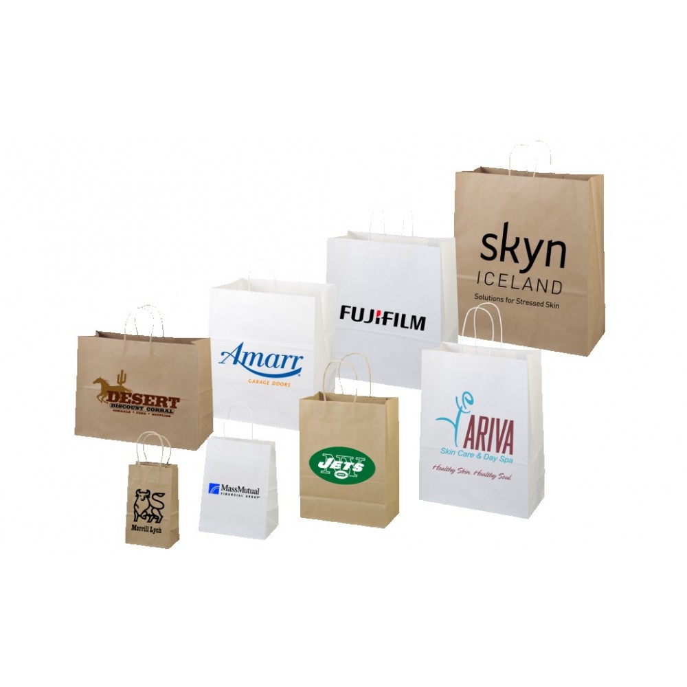 White Kraft Paper Shopping Bags (5-1/4"x 3-1/4"x 8-1/2") Custom Imprinted