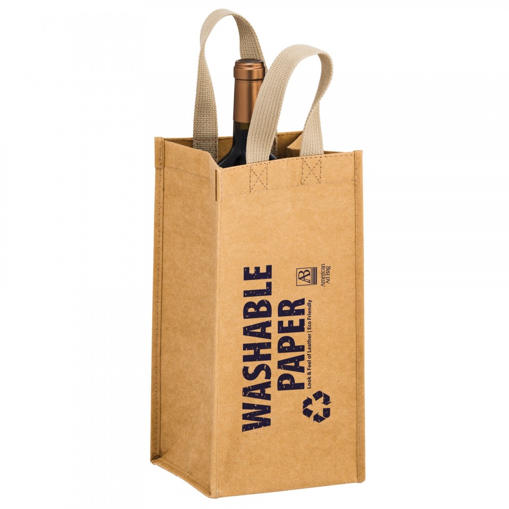 TORNADO - Washable Kraft Paper 1 Bottle Wine Tote Bag w/ Web Handle (6"x6"x12.5") Custom Imprinted