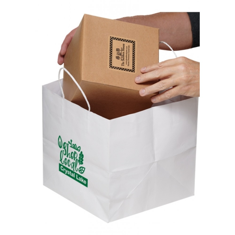 White Kraft Take-Out bag with Twisted Paper Handles Custom Imprinted