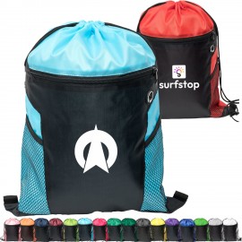 Custom Embroidered Two-Tone Front Zipper Drawstring Bag with Side Mesh Pocket and Earphone Slot (14" x 18")