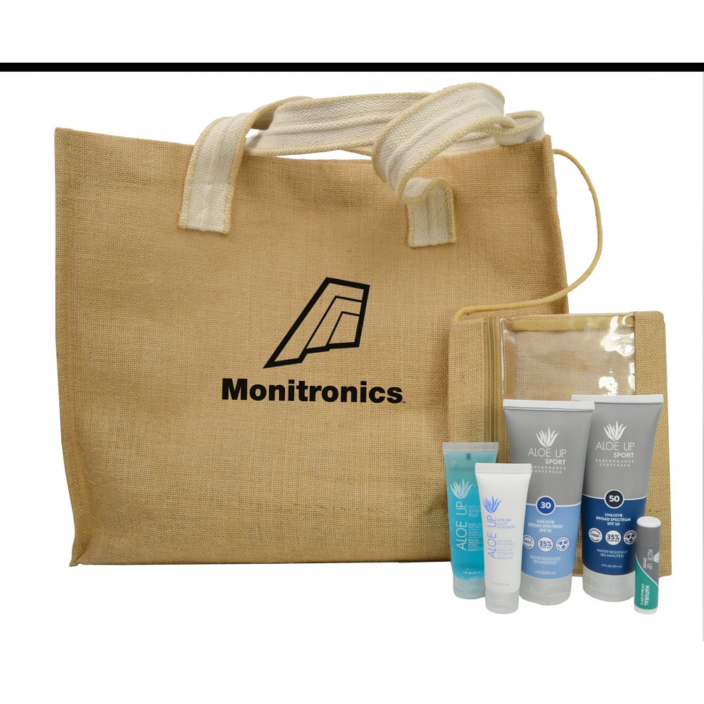 Aloe Up Jute Beach Bag with Sport Sunscreen Custom Printed Aloe Up Jute Beach Bag with Sport Sunscreen Custom Printed