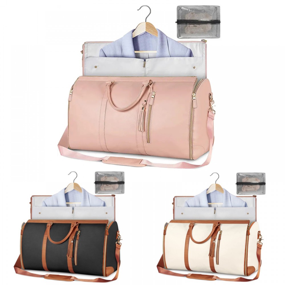 Leather Garment Duffel Bag with Shoe Pouch Waterproof Leather Weekender Bag  Hanging Clothes Bag Large Overnight Bag