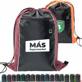 Tri-Color Drawstring Backpack with Earphone Slot & Front Zipper (14" x 18") Logo Imprinted  Tri-Color Drawstring Backpack with Earphone Slot & Front Zipper (14" x 18") Logo Imprinted