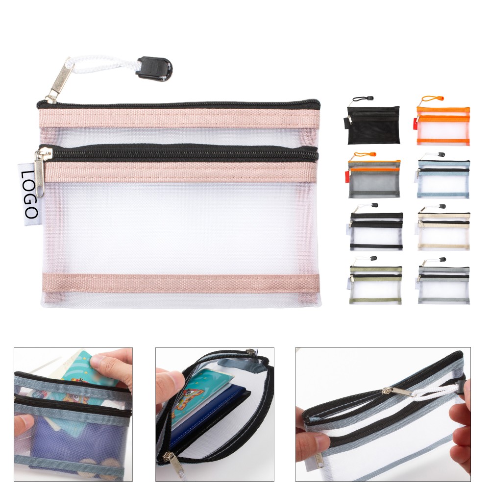 Custom Printed Mini Double Layer Mesh Zipper Pouch Organizer
