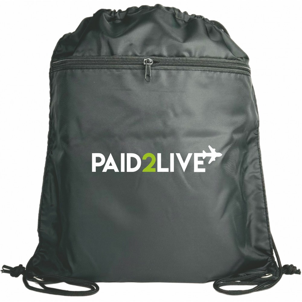 Gym Drawstring Bag Backpack w/ Zipper Pocket Black with Logo Gym Drawstring Bag Backpack w/ Zipper Pocket Black with Logo