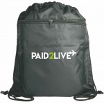 Gym Drawstring Bag Backpack w/ Zipper Pocket Black with Logo