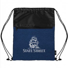 rPET Heather Draw String Bag w/Front Zipper Pocket Custom Embroidered  rPET Heather Draw String Bag w/Front Zipper Pocket Custom Embroidered