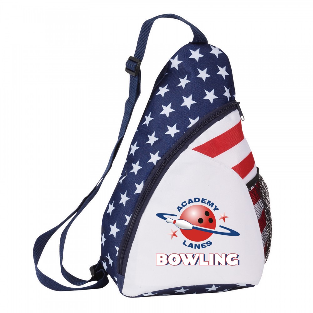 Custom Embroidered 600 Denier Patriotic Sling Backpack Custom Embroidered 600 Denier Patriotic Sling Backpack