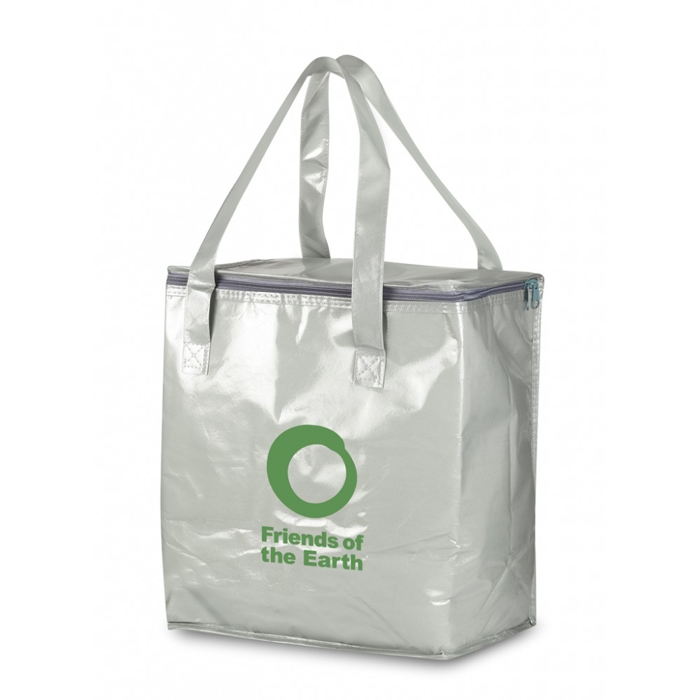 Cooler Bag w/Laminated Gloss Silver Finish 12.5"x 14"x 8" Custom Embroidered Cooler Bag w/Laminated Gloss Silver Finish 12.5"x 14"x 8" Custom Embroidered