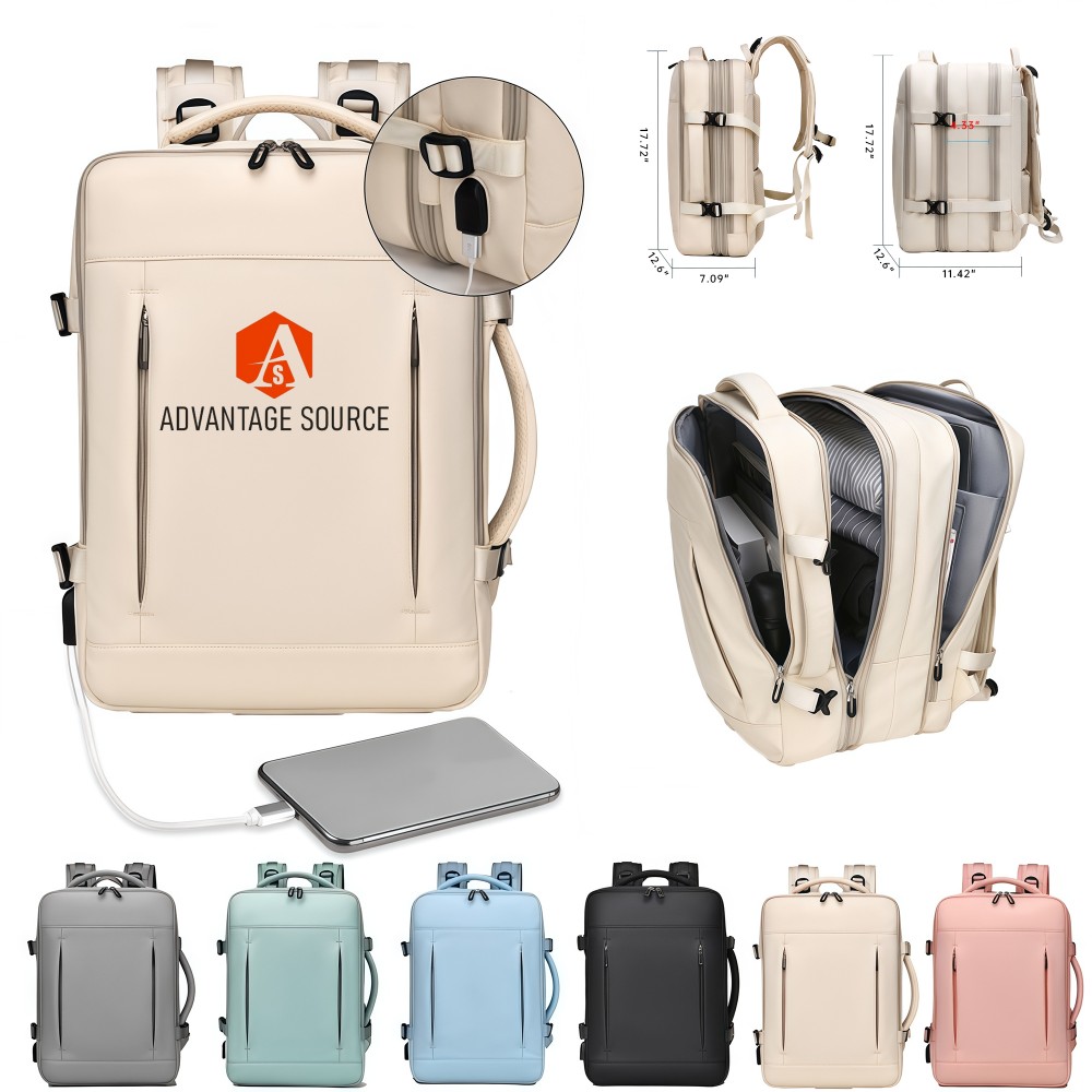 Expandable Backpack W/ USB Charging Port Logo Imprinted