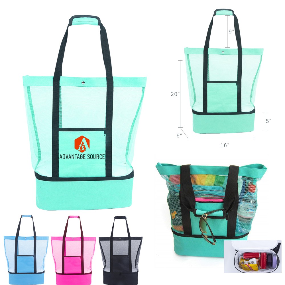 2-In-1 Mesh Beach Tote Bag w/Insulated Cooler(16"x6"x20") Logo Imprinted