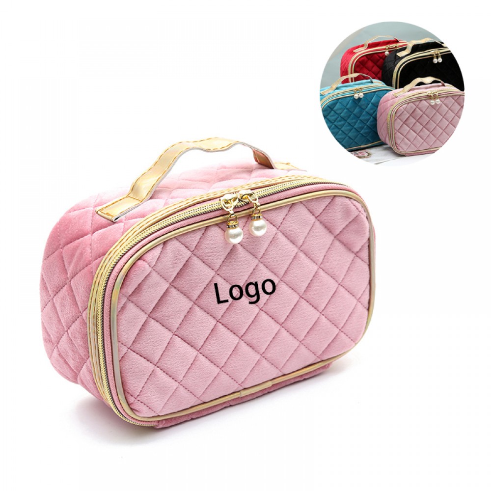 Logo Imprinted Velvet Argyle Toiletry Bag Cosmetic Bag