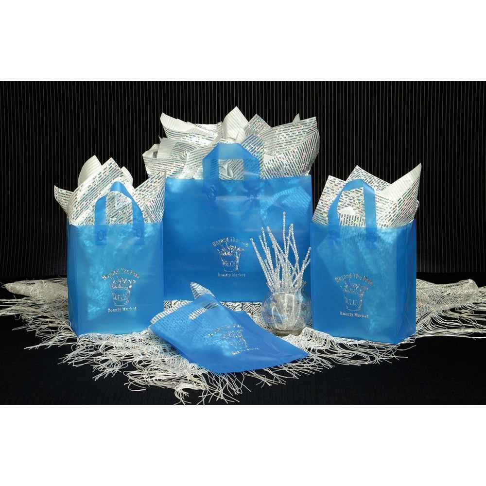 Logo Imprinted Frosted Colored Poly Shoppers with Soft Loop Handles