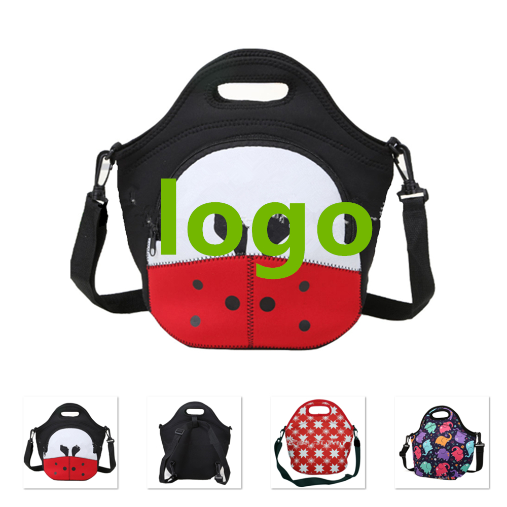 Custom Embroidered Cartoon Neoprene Lunch Tote Bag With Adjustable Strap