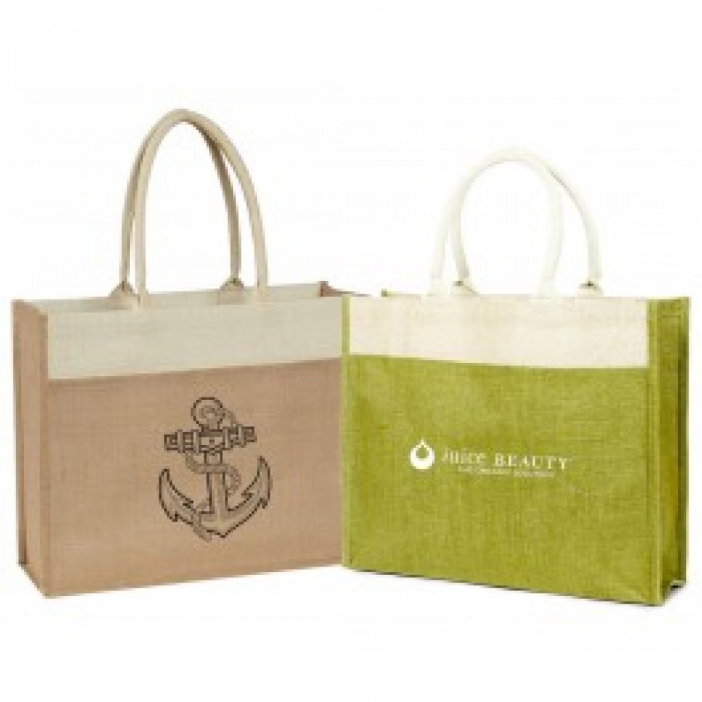 Two-Tone Jute Shopping Bag with Front Pocket & Cotton Webbed Handles Custom Printed Two-Tone Jute Shopping Bag with Front Pocket & Cotton Webbed Handles Custom Printed