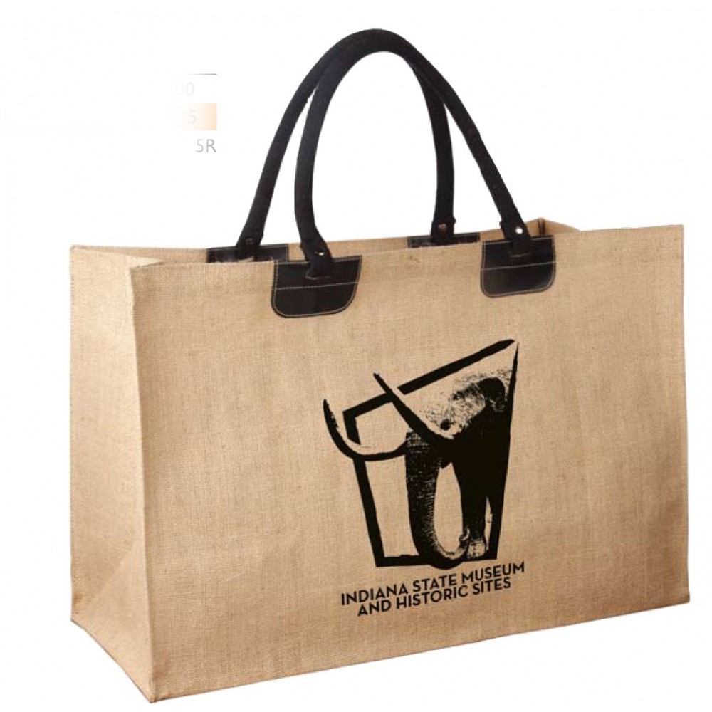 Custom Printed Jumbo Jute Tote with Leather Accents& Stuffed Cotton Handles with Interior Pocket Custom Printed Jumbo Jute Tote with Leather Accents& Stuffed Cotton Handles with Interior Pocket