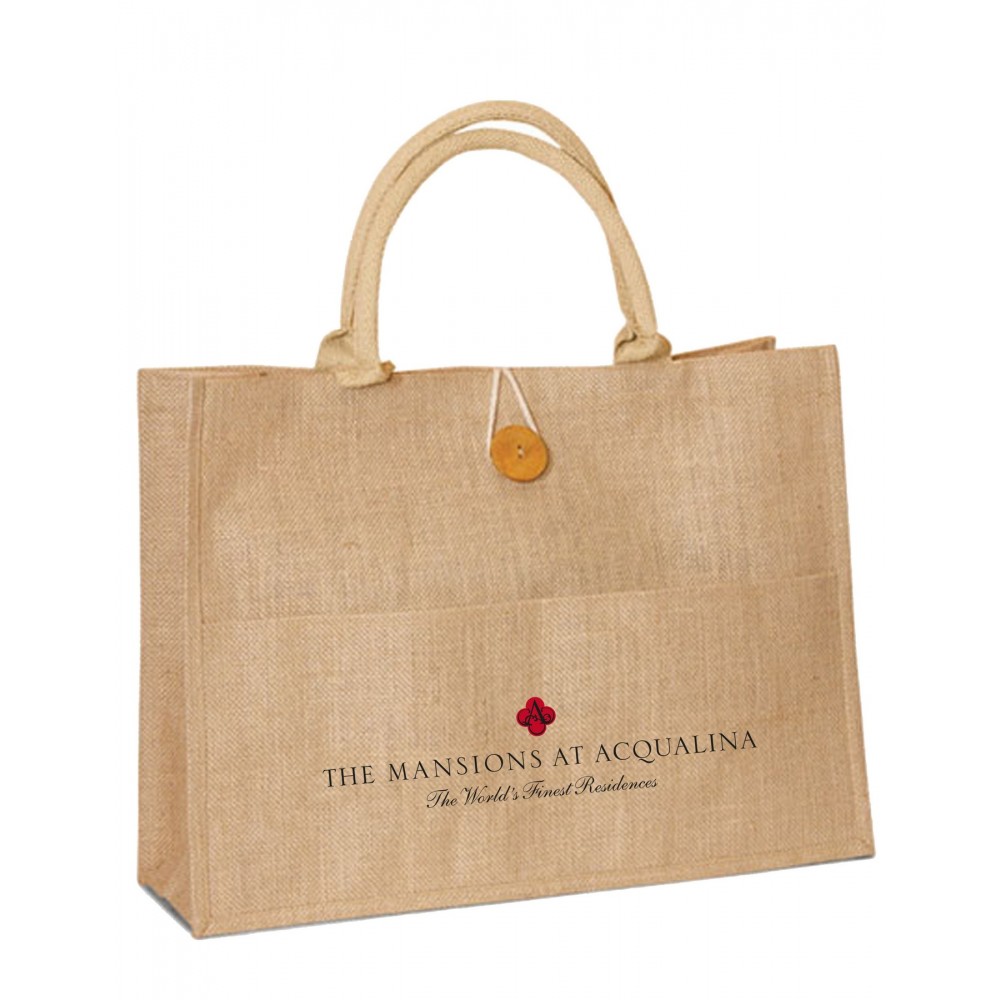 Jute Shopping Bag with Front Pocket /Buttoned Closure and Webbed Handles Custom Embroidered Jute Shopping Bag with Front Pocket /Buttoned Closure and Webbed Handles Custom Embroidered