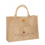 Jute Shopping Bag with Front Pocket /Buttoned Closure and Webbed Handles Custom Embroidered