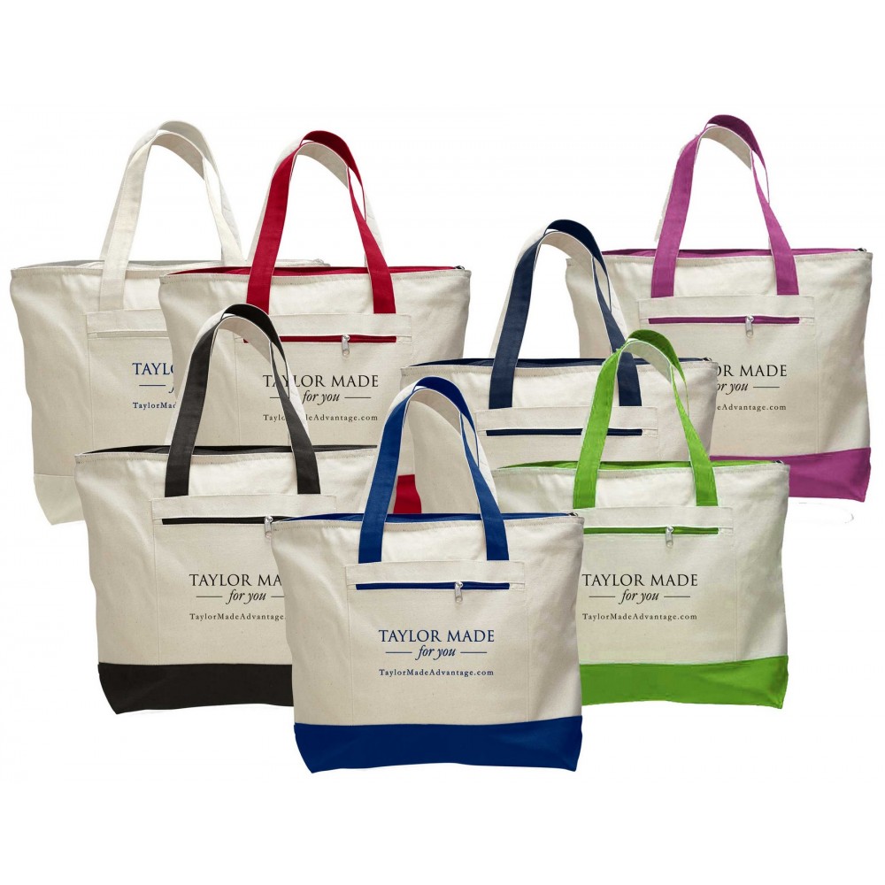 Two Tone Cotton Canvas Tote Bag with Zippered Closure and Outside Zippered Custom Embroidered Two Tone Cotton Canvas Tote Bag with Zippered Closure and Outside Zippered Custom Embroidered