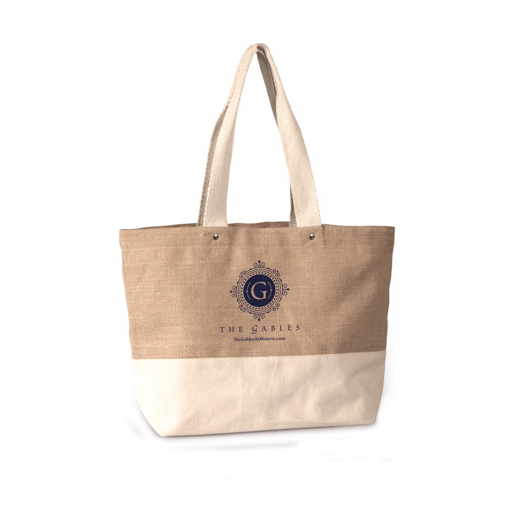 Custom Printed Jute and Cotton Shopping Bag with Rivets Custom Printed Jute and Cotton Shopping Bag with Rivets