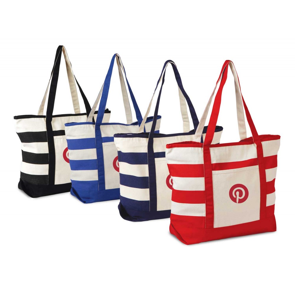 Logo Imprinted Large Cotton Canvas Beach Tote with Colored Stripes & Handles & Zippered Closure Logo Imprinted Large Cotton Canvas Beach Tote with Colored Stripes & Handles & Zippered Closure