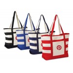 Logo Imprinted Large Cotton Canvas Beach Tote with Colored Stripes & Handles & Zippered Closure