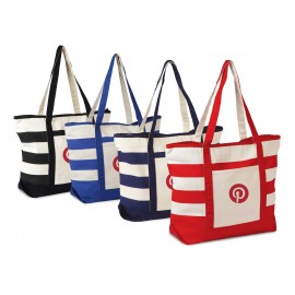 Logo Imprinted Large Cotton Canvas Beach Tote with Colored Stripes & Handles & Zippered Closure