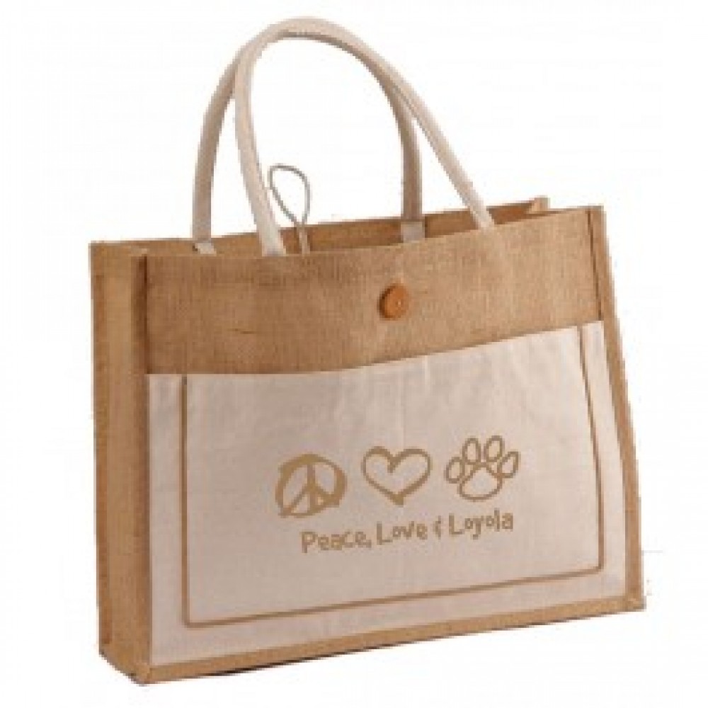 Custom Printed Two-Tone Jute Tote Bag with Cotton Webbed Handles Custom Printed Two-Tone Jute Tote Bag with Cotton Webbed Handles