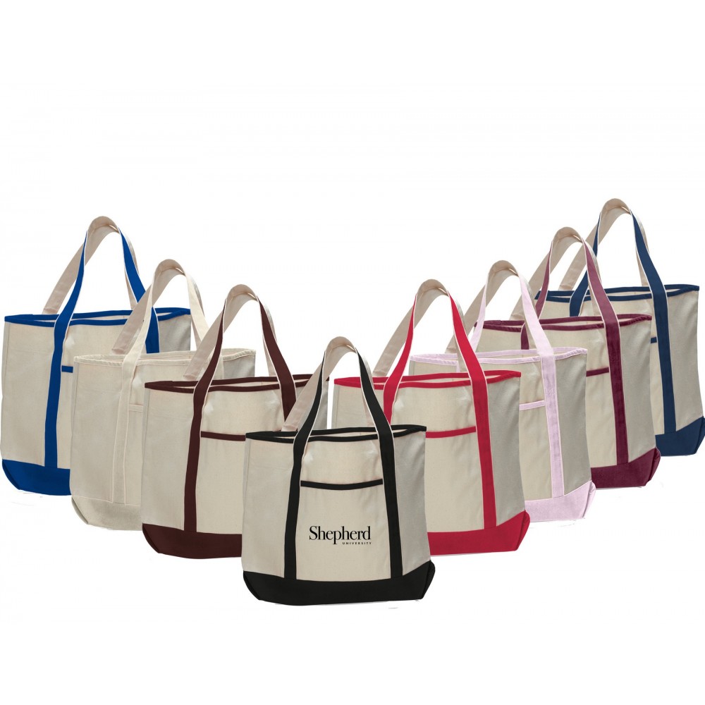 Custom Embroidered Large Cotton Boat Tote Bag with Front Pocket and Interior Zippered Pocket Custom Embroidered Large Cotton Boat Tote Bag with Front Pocket and Interior Zippered Pocket