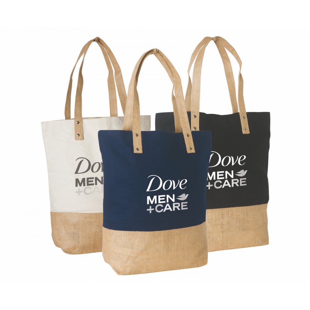 Custom Printed Cotton Tote Bag with Jute Trim & Handles Custom Printed Cotton Tote Bag with Jute Trim & Handles