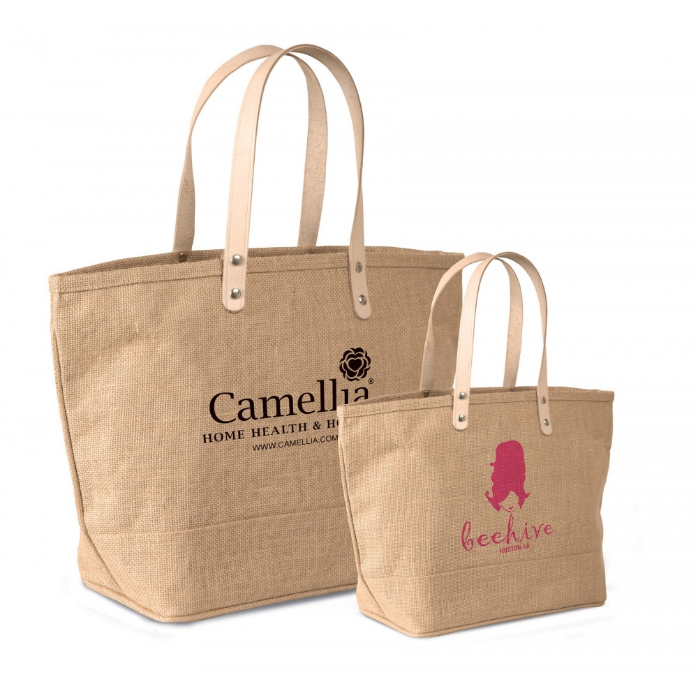 Logo Imprinted Jute Tote Bag with Leather Handles Logo Imprinted Jute Tote Bag with Leather Handles