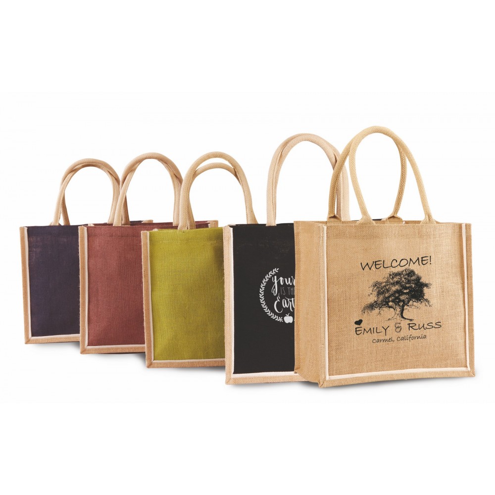 Custom Printed Dyed Jute Shopping Bag with Webbed Handles Custom Printed Dyed Jute Shopping Bag with Webbed Handles