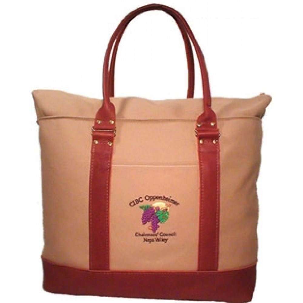 Logo branded 18 Oz. Natural Canvas Covered Polo Leather Trim Tote Bag